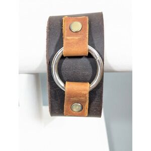 Wide Faux Leather Cuff Bracelet Brown Snap Silver Ring 8.5"